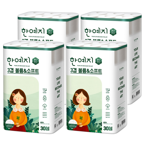 한예지 천연펄프 3겹 볼륨 앤 소프트 롤 화장지, 20m, 30롤, 4개