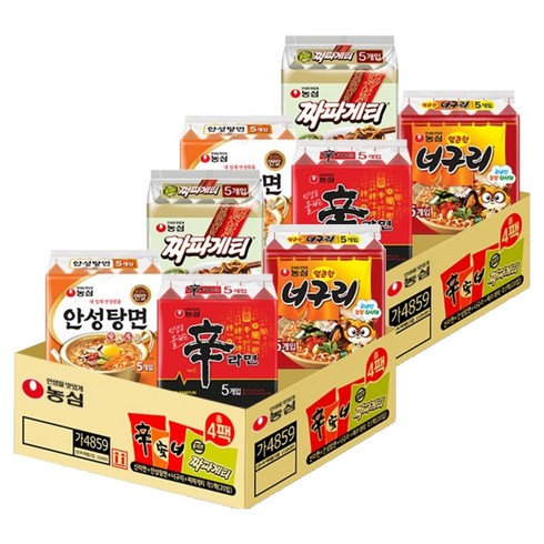 농심 신라면 5개 120g + 안성탕면 5개 125g + 얼큰 너구리 5개 120g + 짜파게티 5개 140g, 40개