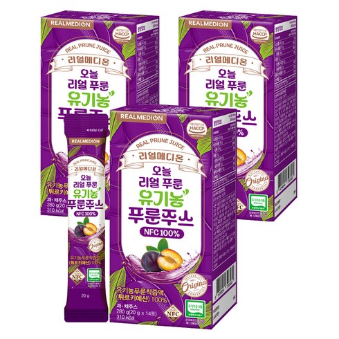 리얼메디온 오늘 리얼 유기농 푸룬주스 NFC 100% 14p, 3개, 280g