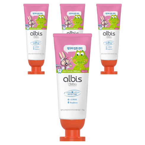 알비스 고불소 충치케어 라즈베리향 어린이 치약, 75g, 4개