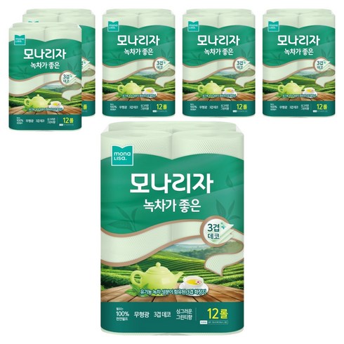 모나리자 녹차가 좋은 천연펄프 3겹 고급롤화장지, 30m, 12롤, 6개