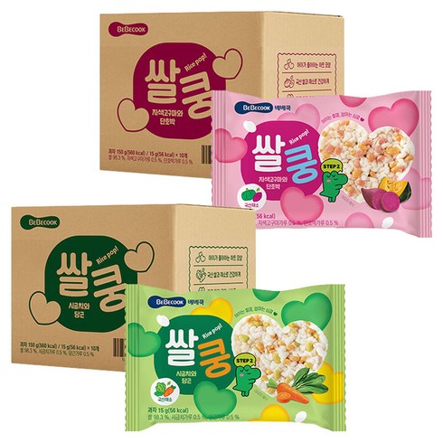 베베쿡 쌀쿵 시금치와 당근 15g 10p + 자색고구마와 단호박 15g 10p, 혼합맛(자색고구마/단호박) + 혼합맛(시금치/당근), 300g, 1세트