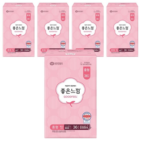 좋은느낌 오리지널 울트라슬림 생리대 날개형, 중형, 36개입, 5개