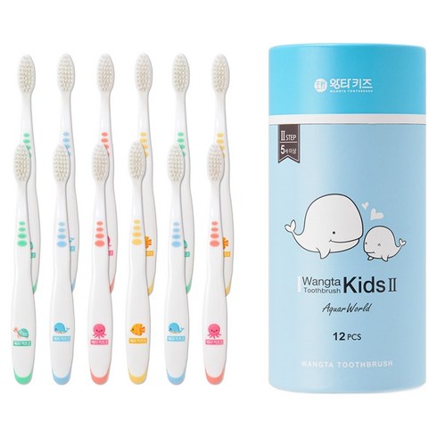 왕타 아쿠아월드 2호 어린이 칫솔, 혼합색상, 12개입, 1개