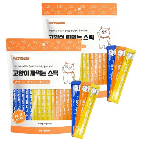 펫츠몬 고양이 짜먹는 스틱 60P, 혼합맛(닭고기/참치/연어), 900g, 2개