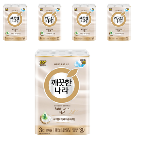 깨끗한나라 촉앤감 시그니처 쉬폰 천연펄프 3겹 고급롤화장지, 27m, 30개입, 5개