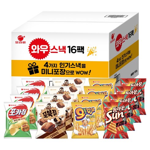 오리온 와우스낵 선물세트 16팩, 포카칩 + 꼬북칩 + 오감자 + 돌아온썬칩, 1세트