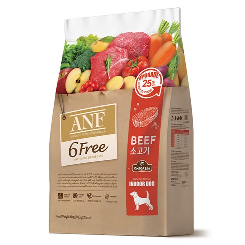 ANF 생후 4개월 이상 강아지 인도어 식스프리 건식사료, 소, 6kg, 1개