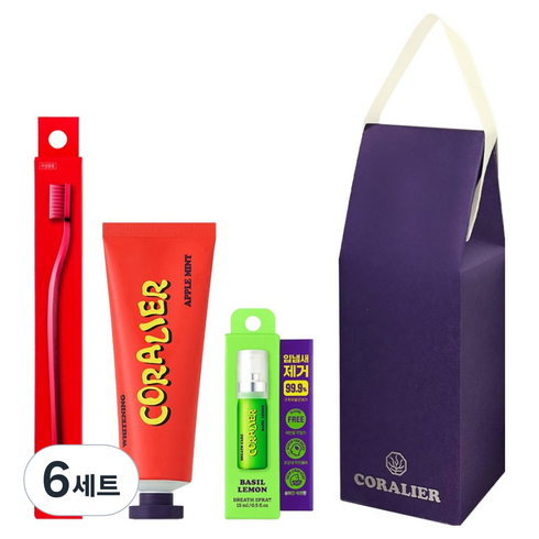코랄리에 미백 치약 애플민트 70g + 칫솔 + 구강 스프레이 15ml 싱글세트 + 쇼핑백, 6세트
