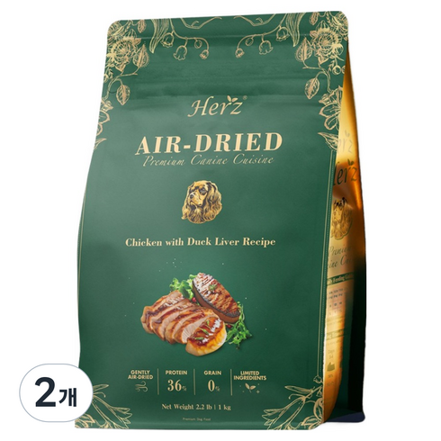 허즈 전연령 강아지 프리미엄 치킨 오리간 레시피 건조사료, 닭+오리, 1kg, 2개