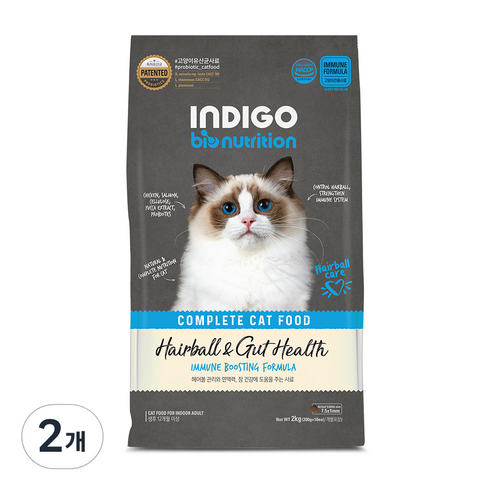 인디고포 고양이 면역 기능성 사료, 헤어볼, 2kg, 2개