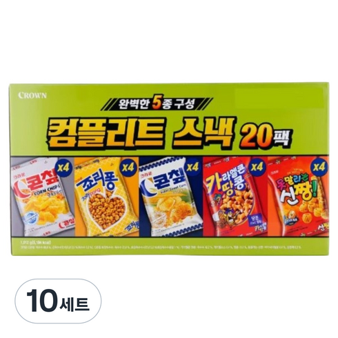 크라운 컴플리트 스낵 5종 x 4p 세트, 10세트, 콘칲 4p + 죠리퐁 4p + 콘칲 초당옥수수 4p + 카라멜콘땅콩 4p + 못말리는신짱 4p