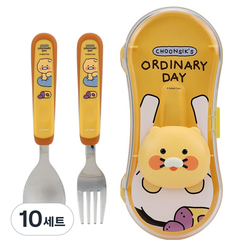 릴팡 아동용 춘식이 더블 컬러 입체 큐티 스푼 + 포크 + 케이스 세트, 혼합색상, 10세트