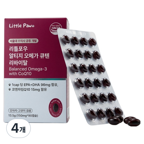 리틀포우 반려동물 알티지 CoQ10 리바이탈, 4개, 오메가3, 90정
