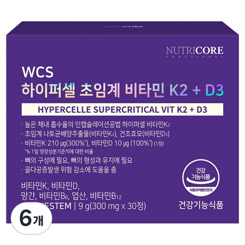 뉴트리코어 하이퍼셀 초임계 비타민 K2 + D3, 30정, 6개
