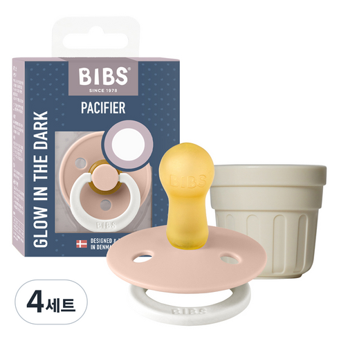 BIBS 컬러 고무 노리개젖꼭지 쪽쪽이 + 전용캡 세트 BCPEGM1P, 2단계(6개월 이상), 블러쉬 야광, 4세트