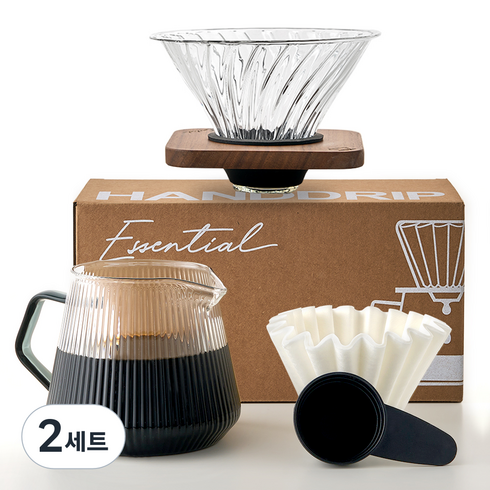 빈플러스 에센셜 웨이브 글라스 핸드드립 커피 4종 세트, 600ml, 2세트, 드리퍼 1P + 드립서버 1P + 여과지 10매 + 계량스푼 1P