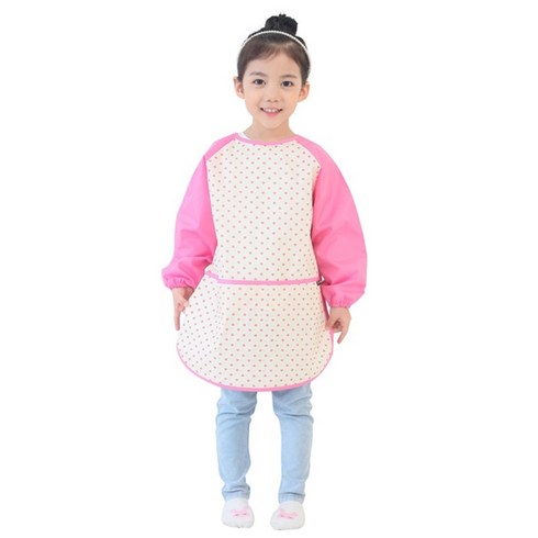 플리에 여아용 긴소매 앞치마, 크림 + 핑크하트