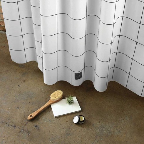 원세븐나인 모던부티크 그리드 패브릭 샤워커튼 1800mm x 1880mm, 화이트 + 블랙, 1개