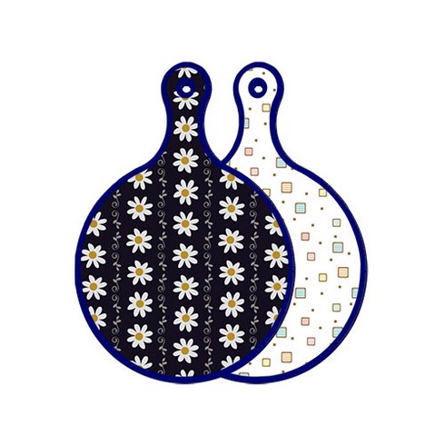 로엠디자인 블루에디션 양면 원형 서빙도마보드 클래식플라워, Happy사각패턴, 1개