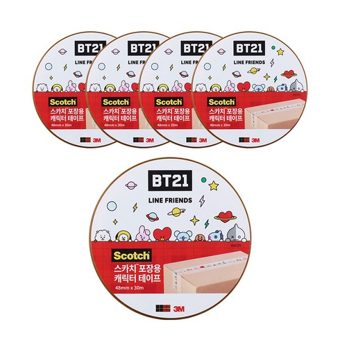 쓰리엠 스카치 포장용 캐릭터 테이프 BT21 48mm x 30m, 혼합 색상, 5개입