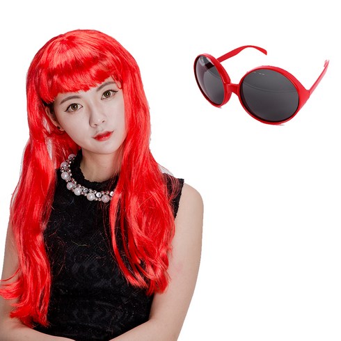 롱헤어가발 + 써클안경, 레드(가발), 레드(안경)
