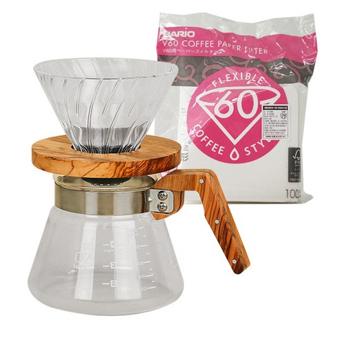 하리오 V60 올리브우드 드립세트 1~2인 VCWN-40-OV+VDG-01-OV+VCF-01-100W, 혼합색상, 1세트, 400ml, 서버 + 드리퍼 + 여과지 100매(화이트)