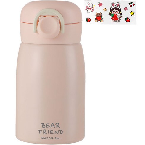 푸코 베어 프렌드 원터치 보온병 + 스티커 랜덤발송 세트, 핑크, 350ml, 1개