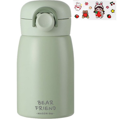푸코 베어 프렌드 원터치 보온병 + 스티커 랜덤발송 세트, 그린, 350ml, 1개