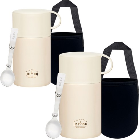 DIYOU 스텐 보온 도시락 죽통 600ml 2p + 스텐스윙 스푼 2p + 전용 파우치 2p 세트, 아이보리, 아이보리, 1세트