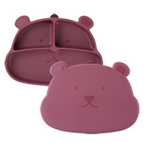 마미스테이블 먹자곰 흡착 푸드그레이드 실리콘 유아식판 세트, 버건디, 1개, 식판 + 뚜껑