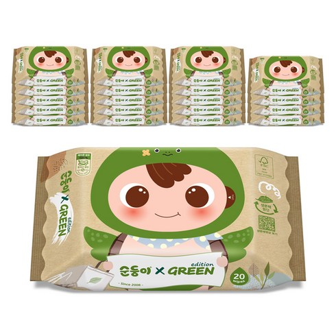 순둥이 그린에디션 유아물티슈 휴대 리필형, 55g, 20매, 20개
