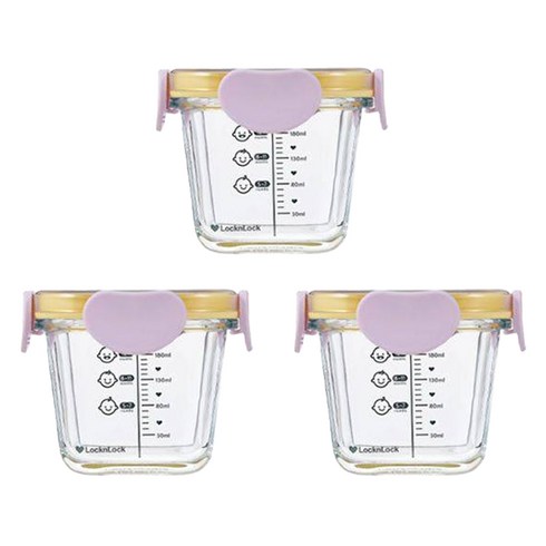 락앤락 리틀럽 디어 밀폐캡 정사각 이유식 용기, 260ml, 라벤더, 3개