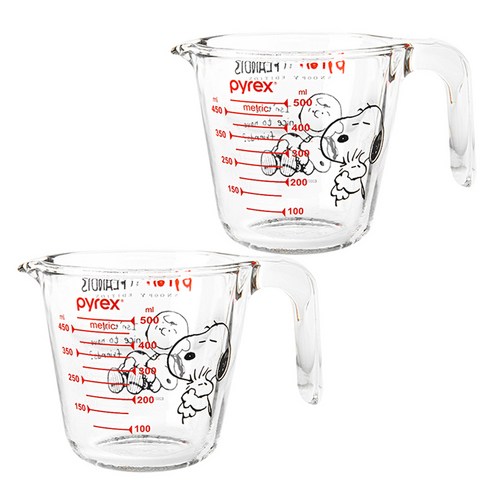 파이렉스 내열유리 스누피 계량컵, 혼합색상, 500ml, 2개
