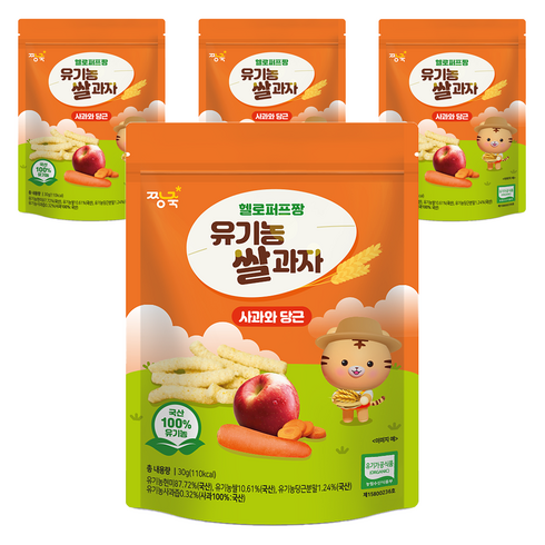 짱죽 유아용 헬로퍼프짱 유기농 쌀과자, 혼합맛(사과/당근), 30g, 4개