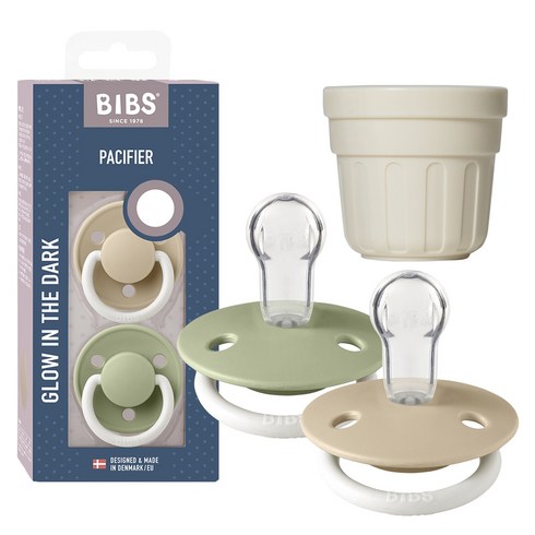 BIBS 디럭스 실리콘 노리개 젖꼭지 2p + 보호캡, ONE SIZE(36개월미만), 바닐라 야광 + 세이지 야광, 1세트