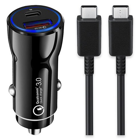 언박싱 베네치아 차량용 PD+USB 듀얼 2포트 급속 고속 퀄컴 3.0 충전기 + C to C 케이블 1m, 블랙