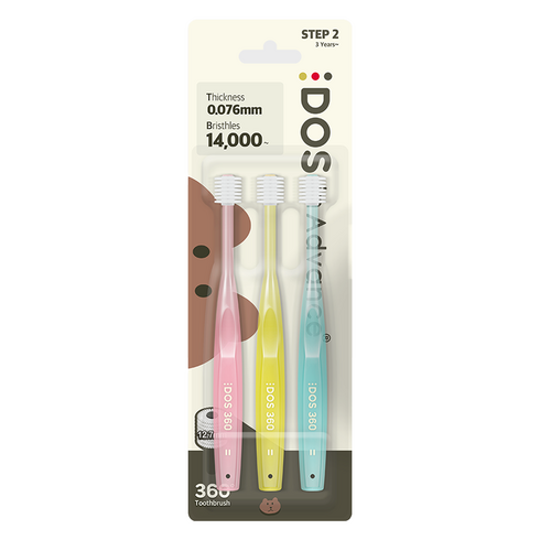 DOS 유아용 360도 칫솔 2단계, 라이트핑크 + 레몬 + 아쿠아블루, 3개입, 1세트