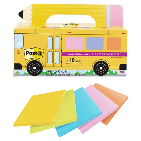 포스트잇 강한점착용 노트 메모지 18p 세트 654-18SSBUS, 네온오렌지 + 네온그린 + 블루 + 네온핑크 + 오렌지, 1세트, 1620매