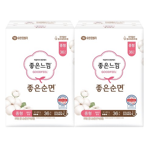 좋은느낌 좋은순면 생리대 날개형, 중형, 36개입, 2개