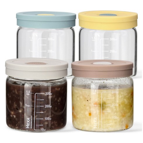 미르코리아 헥사 내열유리 투톤 실리콘캡 눈금유리병 4종 세트, 400ml, 1세트