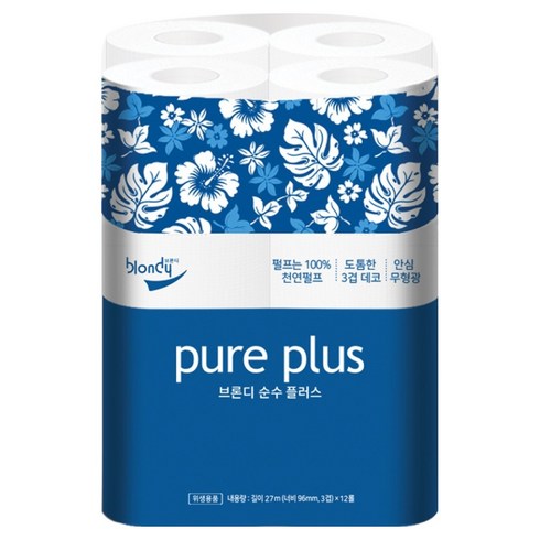 브론디 순수플러스 천연펄프 3겹 고급롤화장지, 27m, 12개입, 1개