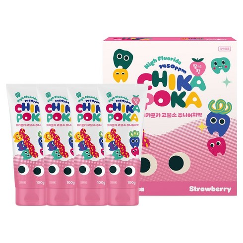 치카포카 고불소 충치케어 어린이 치약 딸기향, 100g, 4개
