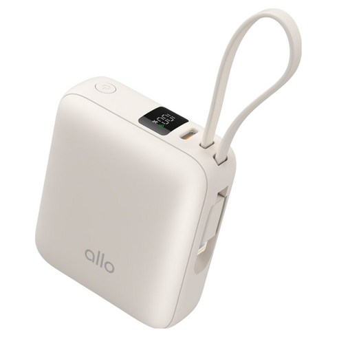 알로코리아 포켓 미니 2in1 고속충전 케이블 일체형 10000mAh 보조배터리 C타입 8핀 1008PD, 알로1008PD, 크림 아이보리