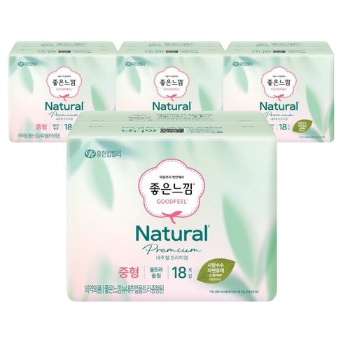 좋은느낌 내추럴 프리미엄 울트라슬림 생리대 날개형, 중형, 18개입, 4개