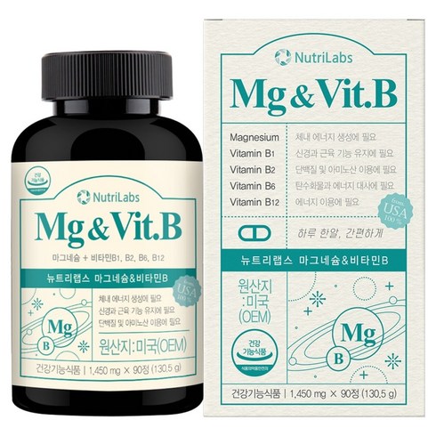 뉴트리랩스 고함량 마그네슘 앤 비타민B 활력 에너지 보충 신경 근육 기능 유지 영양제 130.5g, 90정, 1개