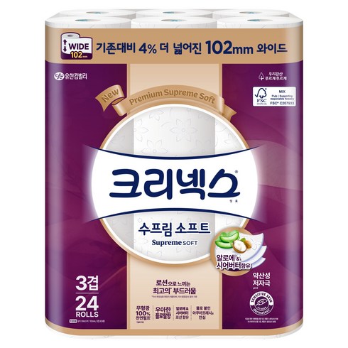 크리넥스 3겹 천연펄프 수프림소프트 화장지, 30m, 24개입, 1개