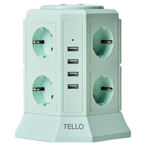 TELLO 스마트 서지 보호 PA66 고급 소재 KC인증 접지 안전 고용량 과부하차단 USB 타워 멀티탭 12구, 2m, 민트, 1개