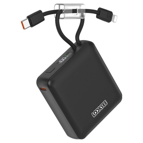 룩씨 PD 22.5W 케이블 일체형 초고속 충전 대용량 미니 보조배터리 10000mAh 멀티단자, 블랙, LS-PB10C8PD22