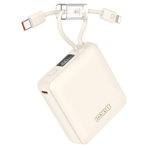 룩씨 PD 22.5W 케이블 일체형 초고속 충전 대용량 미니 보조배터리 10000mAh 멀티단자, 크림베이지, LS-PB10C8PD22